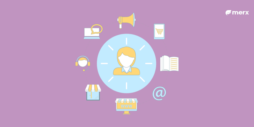 Ilustração com uma pessoa no centro e vários símbolos com formas de canais de comunicação ao redor.