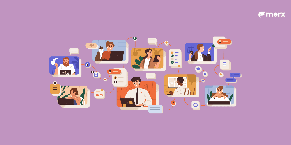 Ilustração com várias formas de comunicação no ambiente de trabalho.